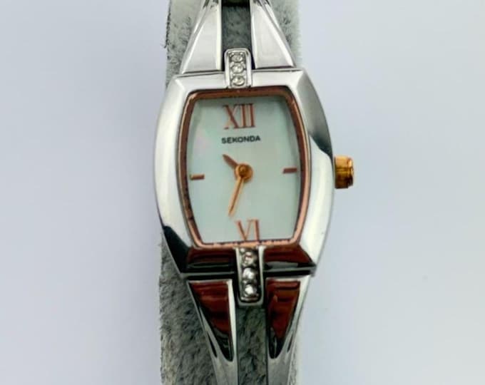 Vintage Sekonda Ladies Bracelet Watch — Silver Tone Tonneau Case with Crystal Accents, Quartz Dress Watch, Small Women’s Watch