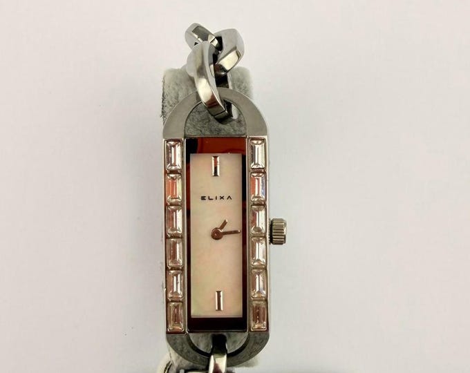 Elixa Ladies Bracelet Watch — Pink Crystal Accent, Stainless Steel Quartz, Vintage-Style, New Battery