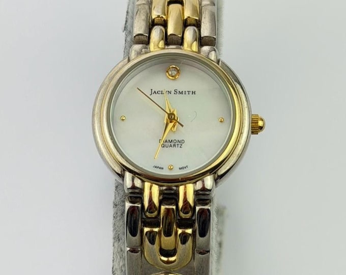 Jaclyn Smith Diamond Quartz Watch — Stainless Steel Two-Tone Ladies Wristwatch, Mother-of-Pearl Dial, Vintage Battery-Powered Dress Watch