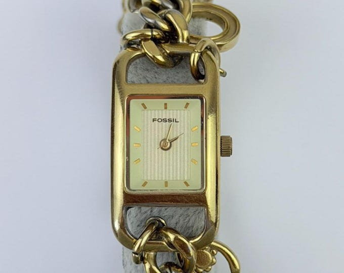 Vintage Fossil Gold Tone Rectangular Bracelet Watch • Women’s Chain Link Quartz • Retro 90s–2000s Fashion Jewelry