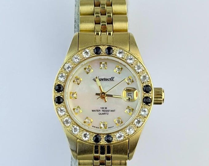 Vintage Ingersoll Gems Watch, Gold Plated Swiss Quartz Ladies Watch, Pearl Dial, Black Crystal Bezel, 100M Water Resistant
