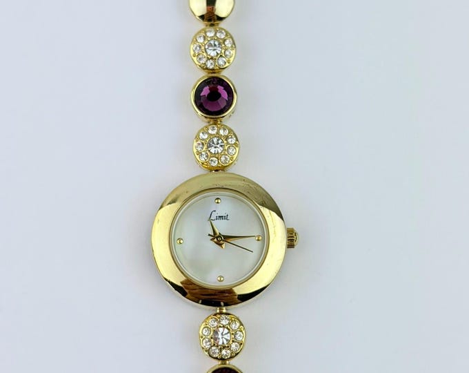 Vintage Limit Quartz Watch Gold Tone Stainless Steel Gold Plated Beaded Gem Accents—Working Battery
