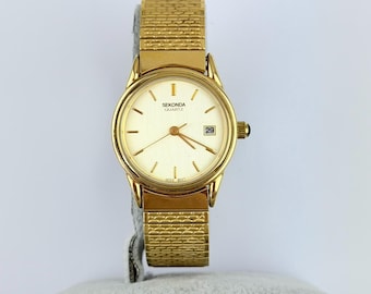Vintage Sekonda Gold Tone Stretch Bracelet Ladies Watch — Quartz Date Window