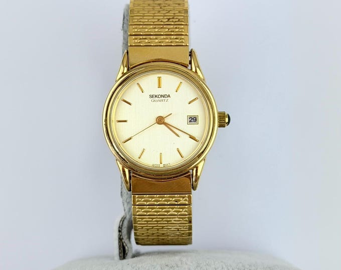 Vintage Sekonda Gold Tone Stretch Bracelet Ladies Watch — Quartz Date Window
