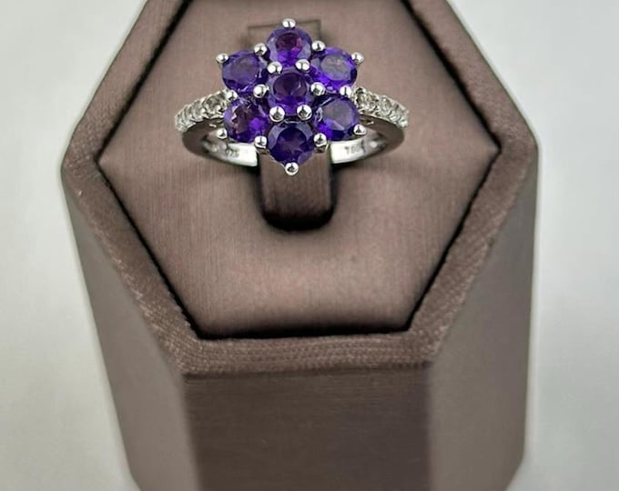 Vintage Amethyst Flower Ring, Sterling Silver, Natural Gemstone, Size 6.25