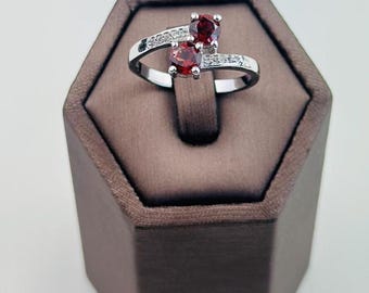 Vintage Two Stone Garnet Ring – Sterling Silver 925, Deep Red Gemstone, Size 8