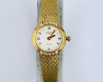 Vintage Rotary Ladies Gold Woven Bracelet Watch — Small Round White Dial, 60s–80s Classic Dress Watch, Swiss Made Style