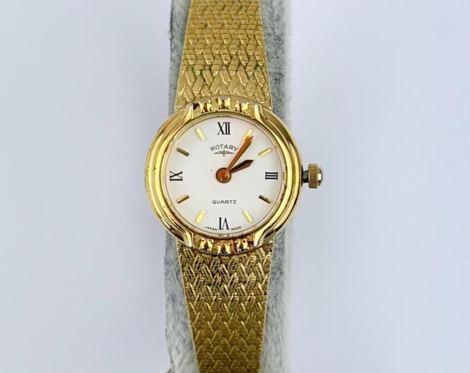 Vintage Rotary Ladies Gold Woven Bracelet Watch — Small Round White Dial, 60s–80s Classic Dress Watch, Swiss Made Style