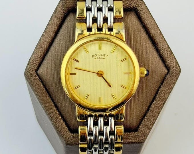Rotary Vintage Two Tone Watch, Stainless Steel and Gold Plated Wristwatch, Swiss Style Roman Dial, Retro Watch, 1970s 1980s