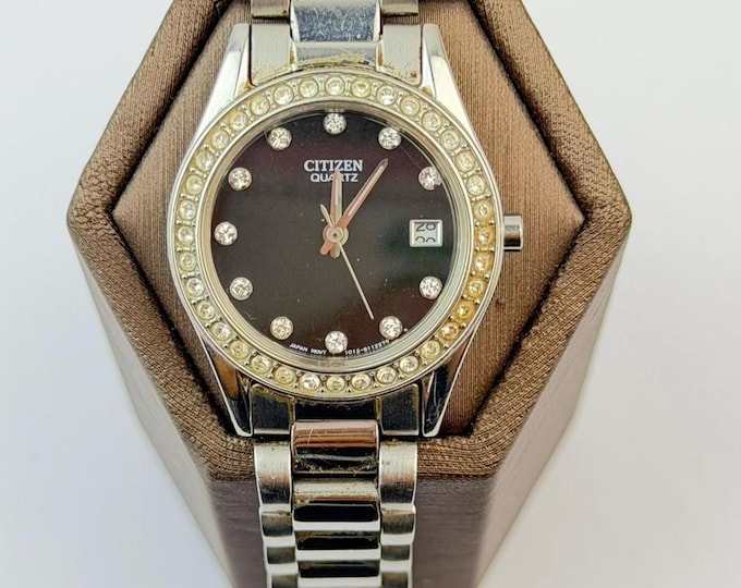 Citizen Women’s Vintage Watch, Brown Dial Crystal Bezel Quartz Watch, Stainless Steel Bracelet Date Dress Watch