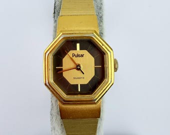Vintage Pulsar Ladies Gold Octagonal Watch — 1970s–80s Small Dress Watch, Integrated Bracelet