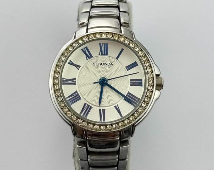 Vintage Sekonda Ladies Stainless Steel Watch White Dial Roman Numerals Crystal Bezel Quartz New Battery