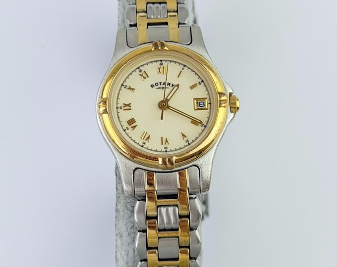 Rotary Two Tone Gold Plated Stainless Quartz Date Watch, Classic Dress Bracelet Wristwatch, Fully Working Vintage Style