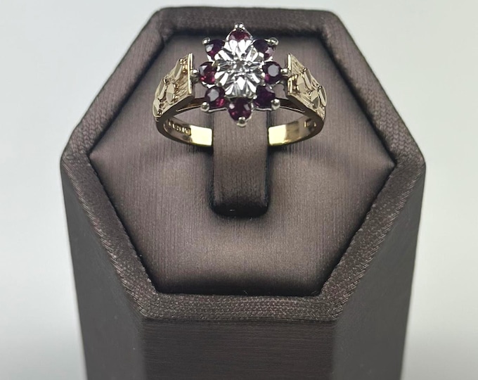 Ruby and diamond ring from 1960s , 9ct Gold and British hallmarking