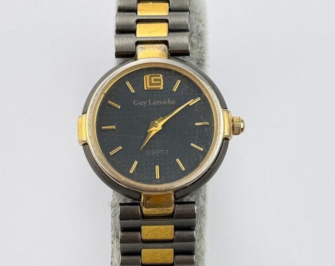 Vintage Guy Laroche Two-Tone Ladies Quartz Watch — Stainless Steel & Gold Plated Dress Watch, 1980s–1990s Small Round Black Dial