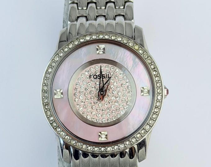 Vintage Fossil ES3013 Women's Watch, Mother of Pearl Dial, Crystal Bezel, Stainless Steel Bracelet, Silver Tone Dress Watch