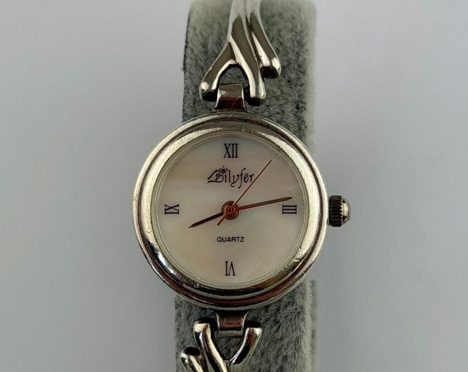 Vintage Sterling Silver Billyfer Watch | Minimalist Bracelet, Roman Numerals, Mother of Pearl Face