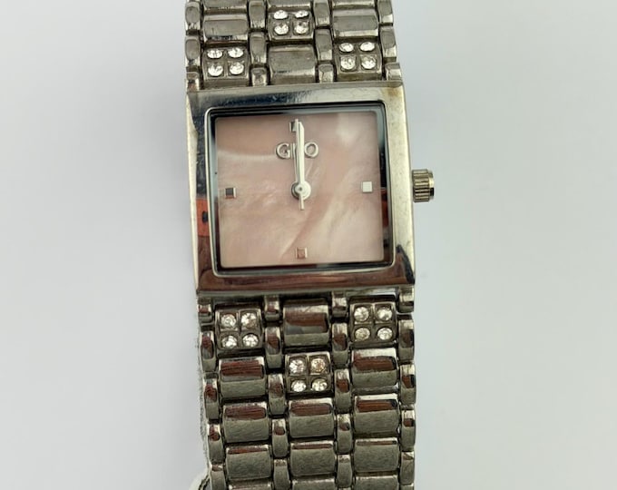 GLO Ladies Stainless Steel Bracelet Watch — Pink Mother‑of‑Pearl Dial, Crystal Accents, Quartz