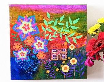 Floral Cottage, Bright and Pretty Mixed Media painting on deep canvas, colourful landscape with cottage, wall art, 20 x 20cm. (8 x 8inches.)