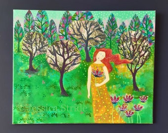 Orchard Trees orignal mixed media painting on canvas with glitter, 20 x 16ins, trees and flowers, colourful wall art.