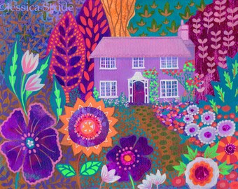 Cosy Cottage Woodland, art print from my original painting, bright and colourful wall art.