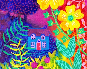 Morning Glow, colourful cottage landscape, art print, from my original painting, printed on A4 archival paper.