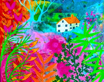 Pretty Landscape with cottage and flowers, Mixed Media painting on deep canvas, 20 x 20cm. (8 x 8inches.)