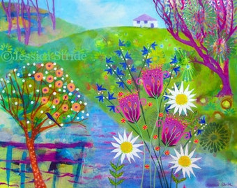 Countryside Flowers by the River, landscape art print 10 x 8ins. printed on archival paper from my original mixed media painting.