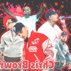 May include: A collage featuring multiple images of Chris Brown, set against a red and black background with abstract paint splatters. The images show Chris Brown in various outfits, including a red jacket and a white t-shirt.