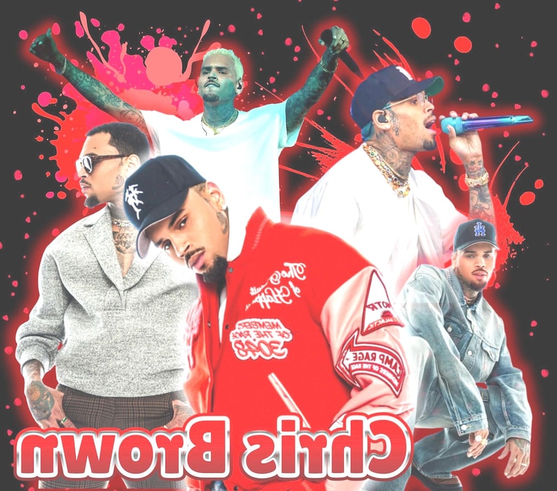 May include: A collage featuring multiple images of Chris Brown, set against a red and black background with abstract paint splatters. The images show Chris Brown in various outfits, including a red jacket and a white t-shirt.