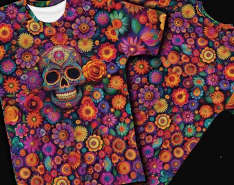Unisex T-Shirt Short Sleeve T-Shirt, Dye Sublimation Print All Over T-shirt, Day of the Dead, Dia De Los Muertos,
