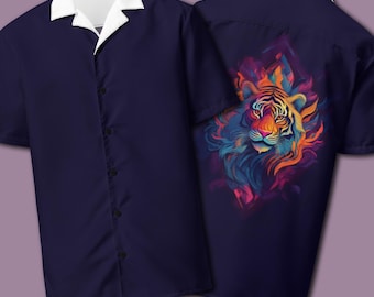 Men's button down collared shirt, Oversized fit, 65-35 Polyester, Breathable design, Tigers, Cat, Cats