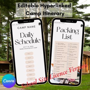 May include: A printable camp itinerary template with a daily schedule and packing list. The template is designed for a camp that runs from October 7th to 14th, 2024. The template includes a space for the camp name and location. The packing list includes items such as a water bottle, sunscreen, medication, pajamas, underwear, shoes, a sleeping bag, a pillow, a towel, and a flashlight.
