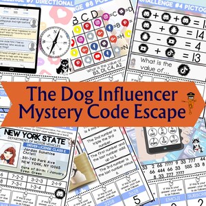 May include: A colourful printable escape room game for children featuring a dog influencer. The game includes a driving licence, a code-breaking puzzle, and a social media icon grid. The game is designed to help children learn about social media and online safety.
