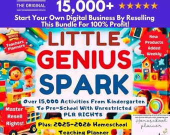 Op de afbeelding: Een kleurrijke afbeelding die een digitale productbundel promoot voor kindermarketing en PLR-niches. De afbeelding toont de tekst "LITTLE GENIUS SPARK" en "Over 15.000 activiteiten van kleuterschool tot voorschool". Inclusief een bonus lesplanner.