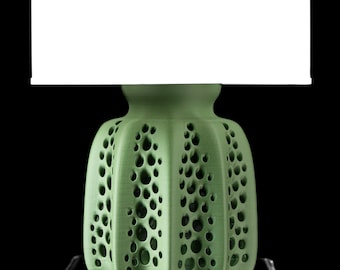 SEAFRONT 02 - 3D Printed Sculptural Table Lamp – Sage Green Perforated Faceted Form (Bulb Included)