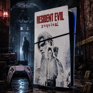 Könnte beinhalten: Eine weiße Spielekonsole und ein passender Controller mit Resident Evil Requiem Branding. Die Konsole zeigt eine monochrome Illustration von zwei Charakteren, während der Controller rote, blutähnliche Spritzer auf der Oberfläche aufweist.