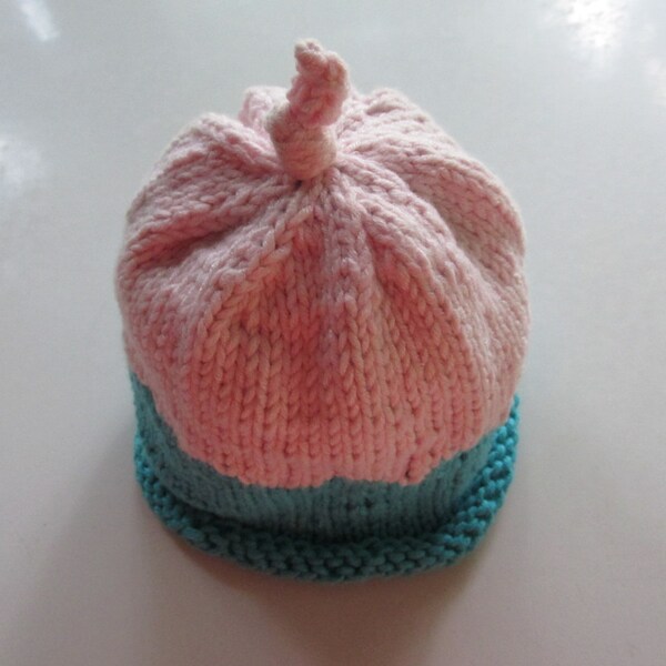 Hand Knit Rolled Brim Knotted Baby Hat Newborn Made in Maine Vegan Eco Friendly