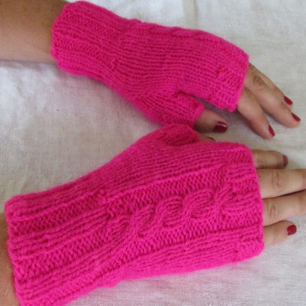 Hand Knit Small Fingerless Celtic Mitts Fingerless Gloves  Women Teen Hot Pink FREE SHIPPING