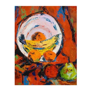 May include: An abstract painting of a still life featuring a white plate with a banana and oranges. A green pear and red fruit are below the plate. The background is a mix of orange, red, blue, and black.