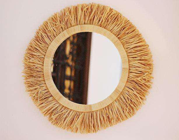 Moroccan raffia round mirror, mirror raffia turned, mirror decal, raffia mirror wall decoration
