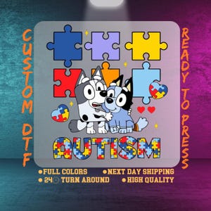 Blue Dog Autism Awareness Balloons Dtf Transfer, Blue Dog Sublimation Autism Advocate Ready To Press, Puzzle Vibe Heat Press, Dtf Gang Sheet