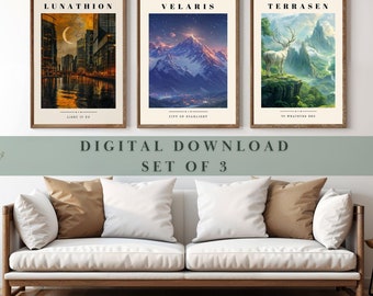 Sarah J Maas set of 3 Prints; ACOTAR Velaris City of Starlight, Crescent City, Throne of Glass Instant Digital Download Art Print, BookLover