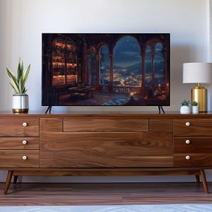 Puede incluir: Un mueble de TV de madera con una pantalla plana que muestra una pintura digital de una biblioteca y un paisaje nocturno. El mueble tiene cajones y un diseño moderno de mediados de siglo. Una lámpara dorada y plantas en macetas están sobre el mueble.