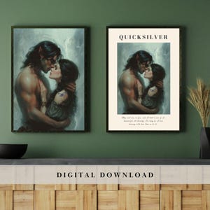 Può includere: Due stampe artistiche incorniciate. Una raffigura una coppia che si abbraccia, con il testo "DIGITAL DOWNLOAD" in basso. L'altra stampa ha la parola "QUICKSILVER" in alto, con la stessa coppia e testo in basso.