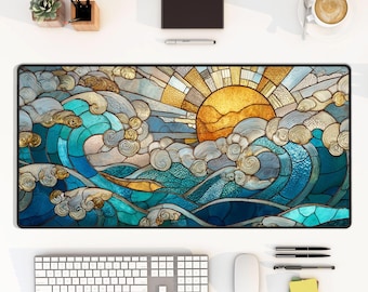 Stained Glass Ocean Wave Desk Mat | Sunrise Sea Aesthetic Mouse Pad | Art Nouveau Desk Decor | Gift for Book Lovers | Blue deskmat Beach