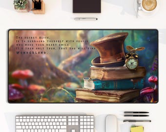 Alice in Wonderland Desk Mat, Bookish Vintage books, Fantasy themed Large Mouse Pad, Kawaii deskmat, Cottagecore, Anti slip Gaming Mousepad