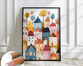 Swedish wall art, Scandi Kids Room Decor UNFRAMED WALL ART, Colorful Houses, Scandi Style, Whimsical Village, Minimalist Art for Bedroom