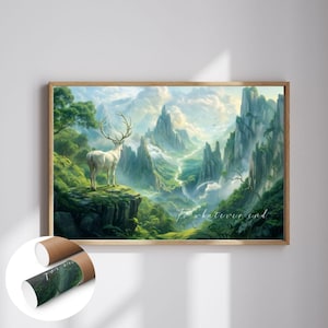 Puede incluir: Un ciervo blanco se encuentra de pie en un acantilado con vistas a un valle verde y exuberante con montañas brumosas en el fondo. El texto "To whatever end" está escrito en la esquina inferior derecha de la imagen.