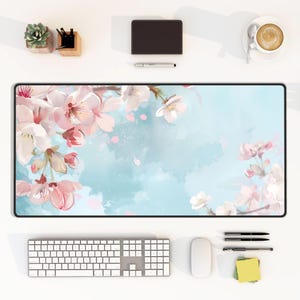 Sakura Spring Desk Mat, Japanese Desk Mat, Japandi, Cherry Blossom Mouse Pad, Cute Desk Mat, Spring Aesthetic Decor, Botanical Desk Mat